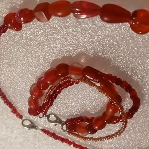 Vintage Red glass Beaded necklace & bracelet set . Strung on twisted cable.